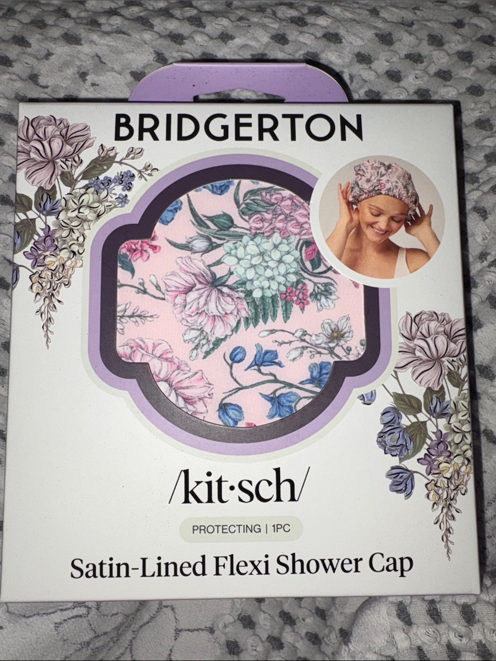 Kitsch Bridgerton Floral Satin-Lined Flexi Shower Cap - Pink & Purple